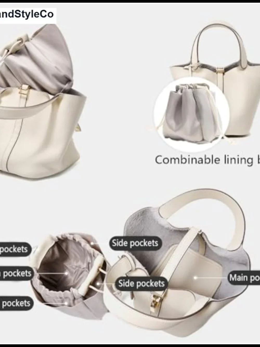 Genuine Leather Bucket Bag Satchel Handbag Detachable Pouch Gold-Tone Lock